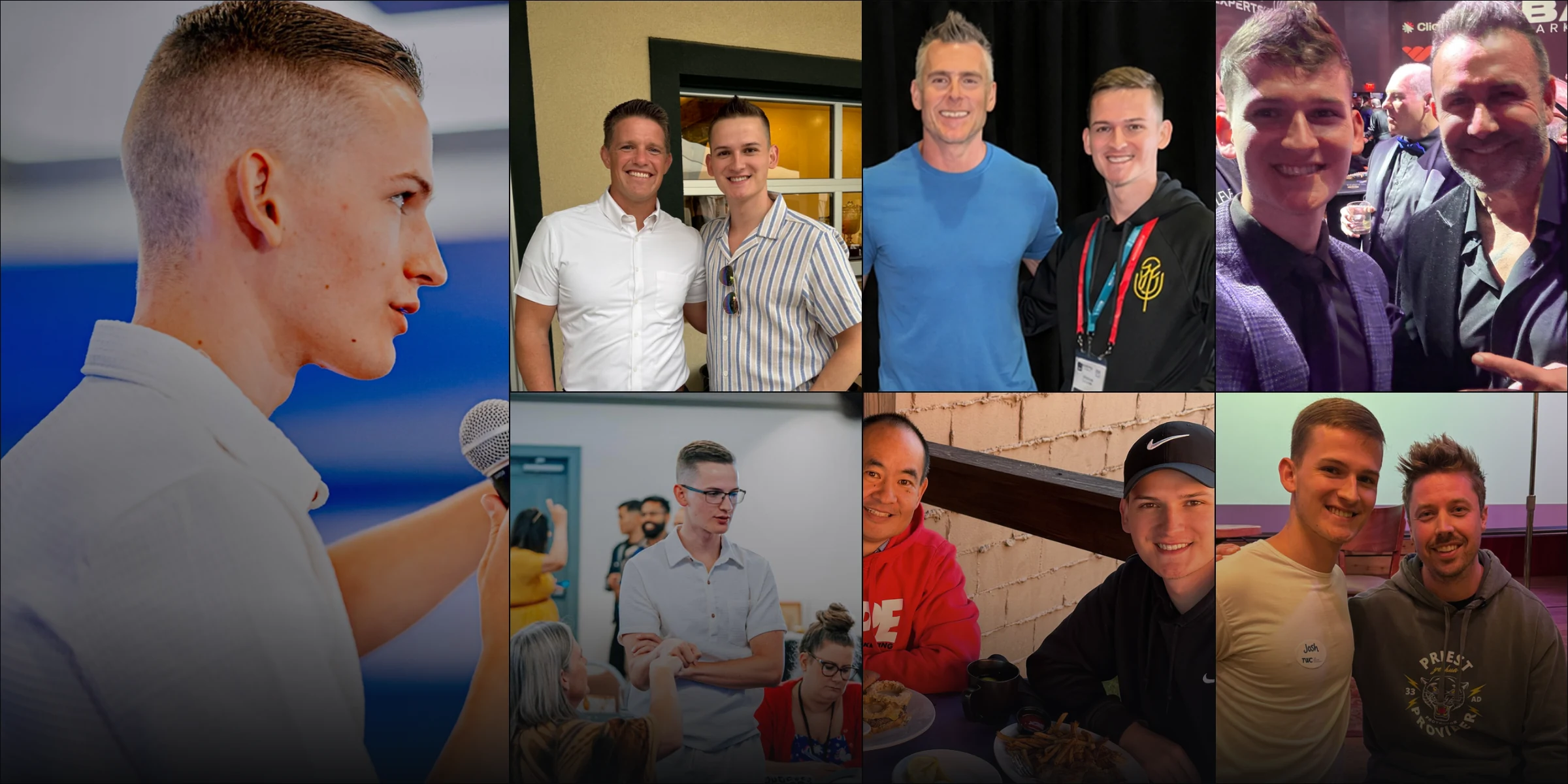 Josh Collier speaking and pictured with founders, clients, and collaborators
