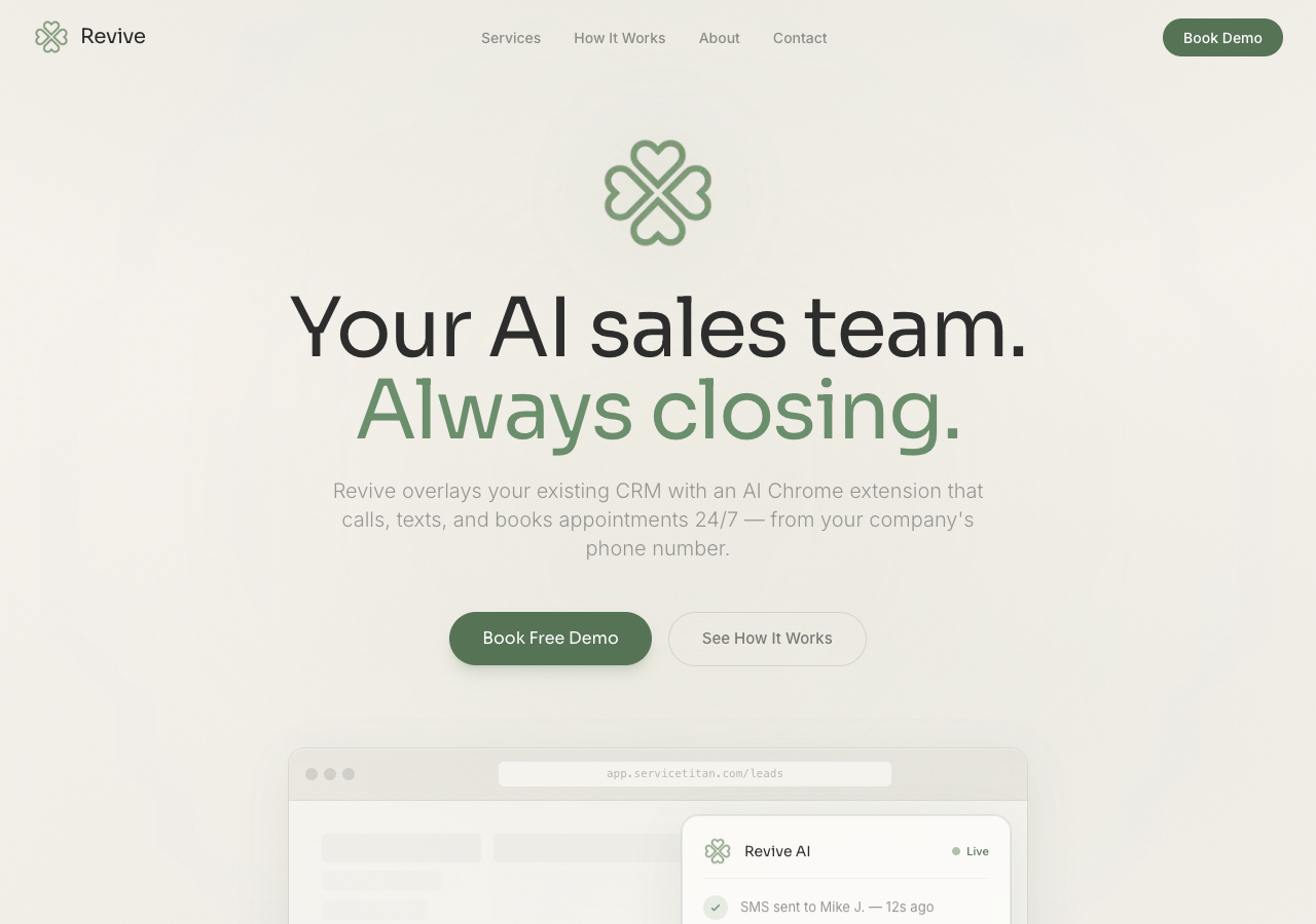 Revive public website, showing its AI sales automation offering for roofing companies
